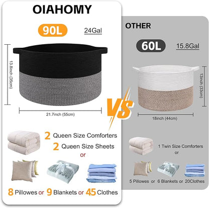 OIAHOMY 90L XXXLarge Blanket Basket for Living Room, 21.7" x 13.8" Woven Cotton Rope Laundry Basket for Organizing Pillows, Decorative Stuffed Animal Toy Storage for Nursery, Black and Grey