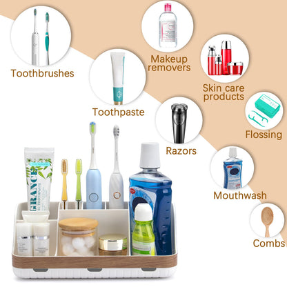 GFWARE Bathroom Countertop Organizer - Detachable 7 Slots Kids Electric Toothbrush and Toothpaste Holde Drainage for Bathroom Accessories Organization Counter Vanity Storage, Woodgrain
