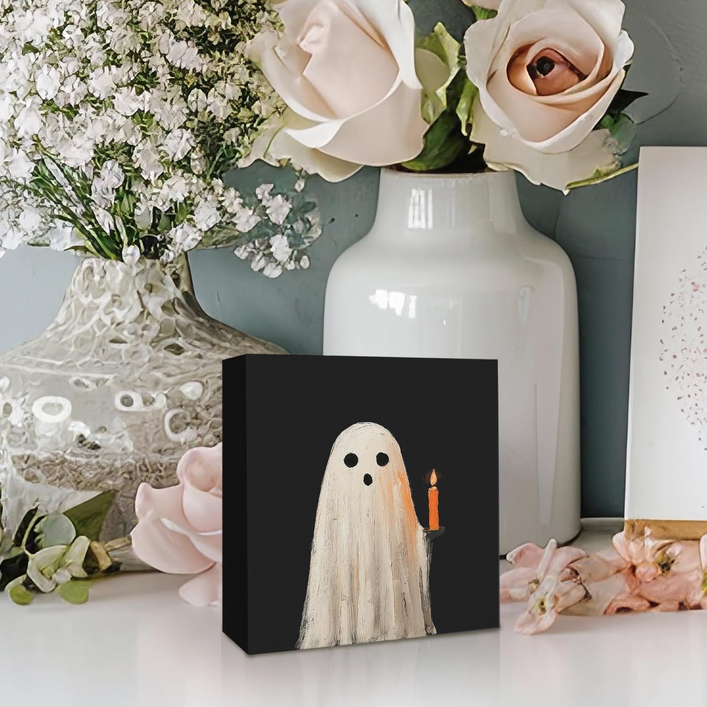 KFXHANGD Halloween Ghosts Wooden Box Sign Desk Decor, Fall Thanksgiving Decoration, Black Fall Ghosts Decoration for Home Office, Black Halloween Ghost Shelf Desk Decor 5x5 Inch