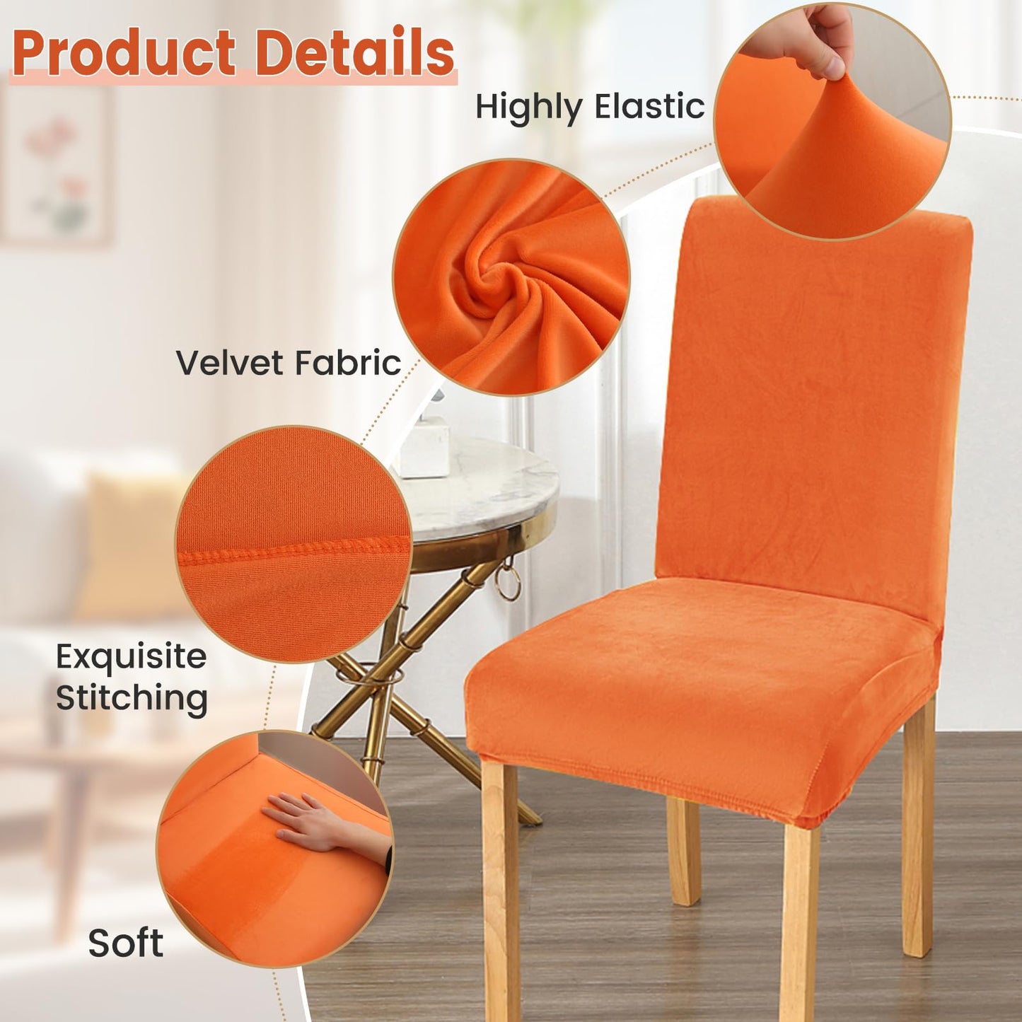 Rakila Velvet Dining Chair Covers Set of 2, Soft Stretch Washable Chair Slipcovers Protector for Home, Restaurant (Orange, 2 Pack)
