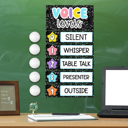 Glooglitter 5 Pcs School Magnetic Voice Level Chart Poster and Push Light Composition Notebook Classroom Decor LED Tap Light Chart Noise Voice Level Sign for Classroom Teacher Back to School Supplies