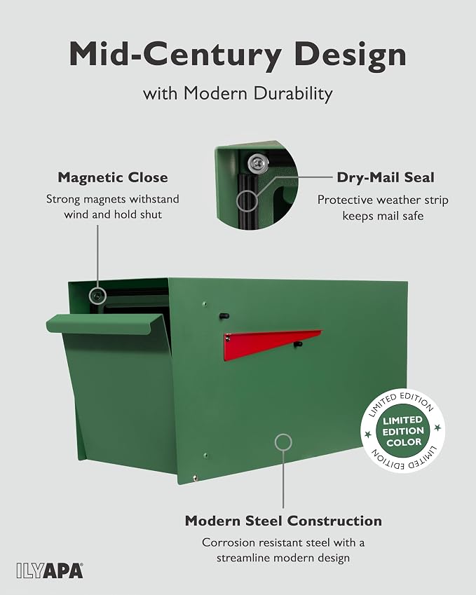 Ilyapa Modern Mailbox for Outside Post Mount - Green Powder Coated Metal Mailbox, Waterproof Letter Box for Parcels, with Recessed Magnetic Close Door