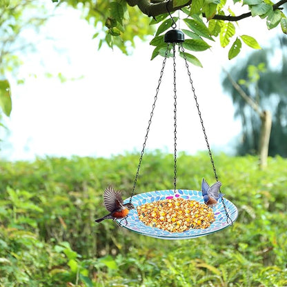 MUMTOP Mosaic Hanging Bird Bath-Bird Baths for Outdoors - 12 Inch Glass Bird Water Bowl Bird Feeders for Outside, Garden, Lawn Yard Decor（Blue）