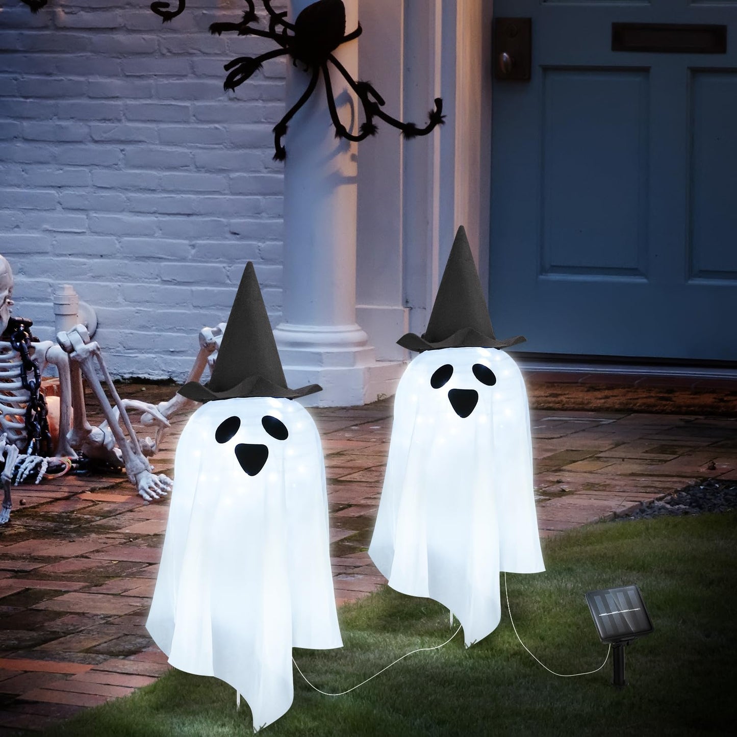 DAYLIGHTIR Solar Halloween Ghost LED Lights Outdoor, Set of 2 Big Ghost with Hat Stake Lights 2 Modes for Outdoor Halloween Pathway Yard Garden Decoration (Cool White-Ghost, 2 Pack)