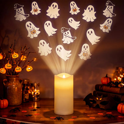 Baquler Halloween Projector Candle Ghost Projector Light Halloween Indoor Decoration Spooky Scary LED Flameless Candle Battery Operated Night Light with Remote Timer Bedroom Home Decor Party Gift