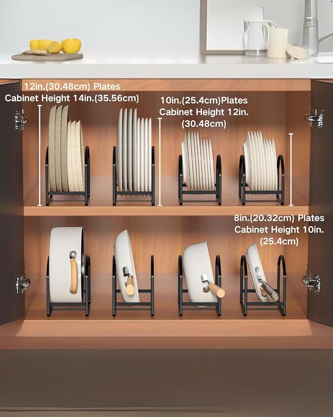 LINFIDITE 2 Pack Kitchen Plate Holder Organizer for Cabinet Space Saver Dinner Plate Storage Rack Upright Dish Drying Racks Metal Dish Stand for Cupboard Countertop Rustproof Black (1 Large 1 Small)