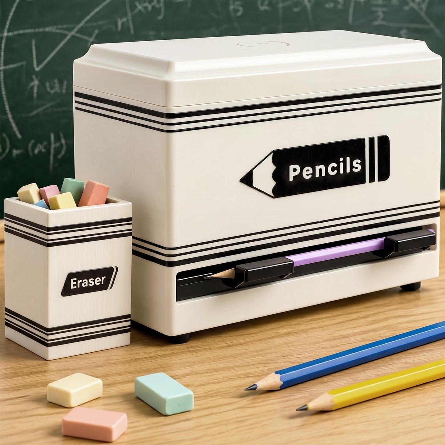 Gueevin 2pcs Pencil Dispenser for Classroom, Fun Desk Organizer with Eraser Holder, Interactive Pencil Storage for Teachers, Students & Homeschool Desk Organizer, Back to School Supplies(White)