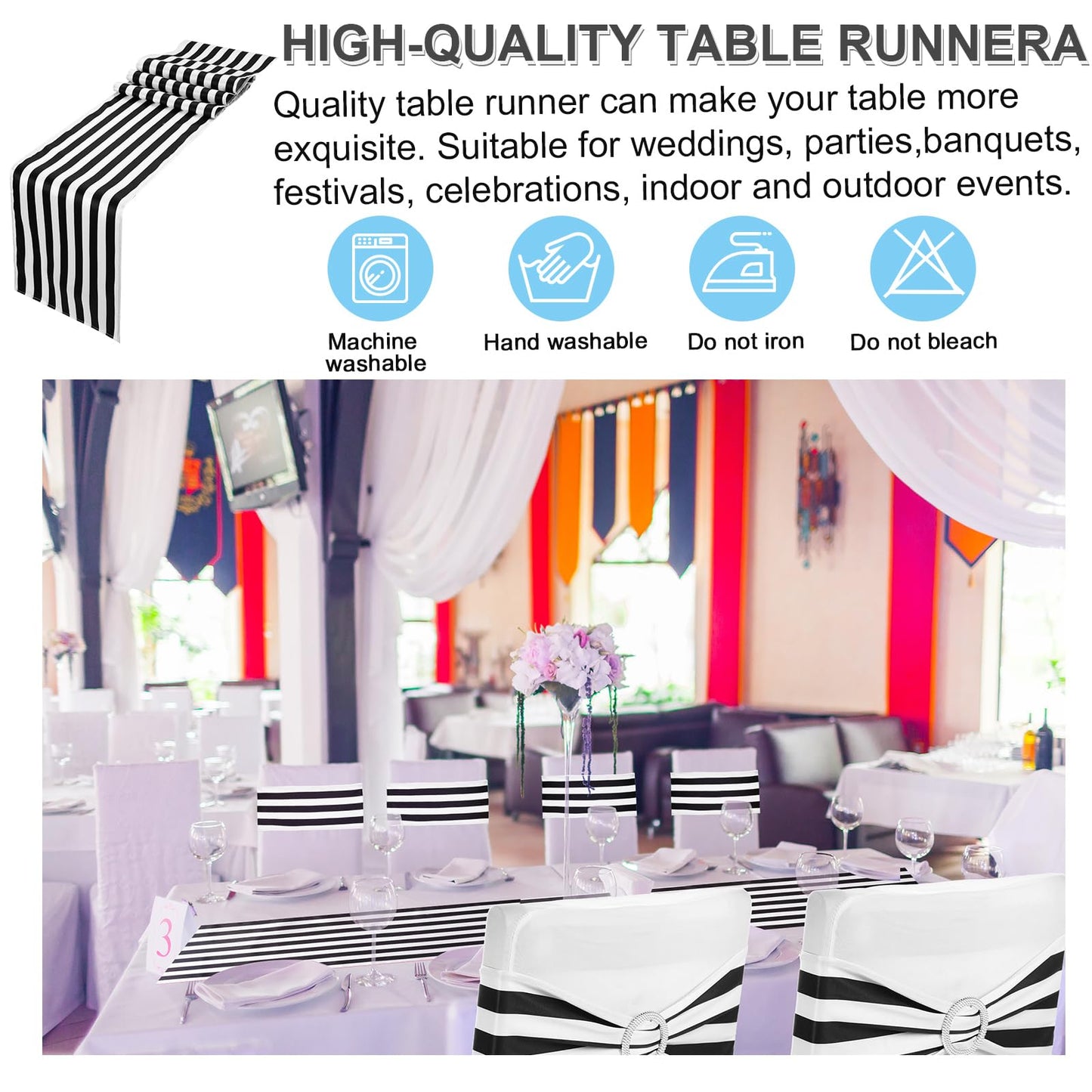 Newwiee 108 Pcs Stretch Chair Sashes with Table Runners, Sashes Fringe Table Runner for Party Wedding Reception Banquet Decorations (Black and White)