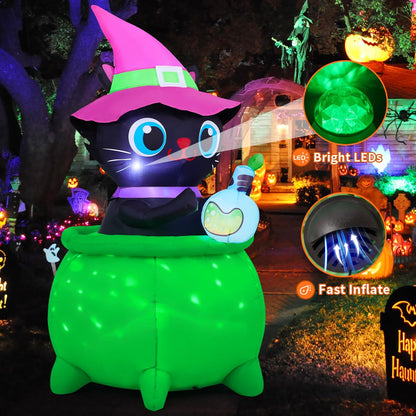 GOOSH 6 FT Halloween Inflatables Cat with Witch Cauldron Decoration Blow Up Yard Decoration with LED Lights Built-in for Holiday Lawn Party Yard Garden