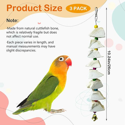 3 Pack Bird Chewing Toy Cuttlebone Parrot Toy with Bell Hanging Bird Beak Grinding Stone Parakeet Cage Accessories for Small & Medium Budgies Lovebirds Cockatiels (Block, 8 Per Skewer)