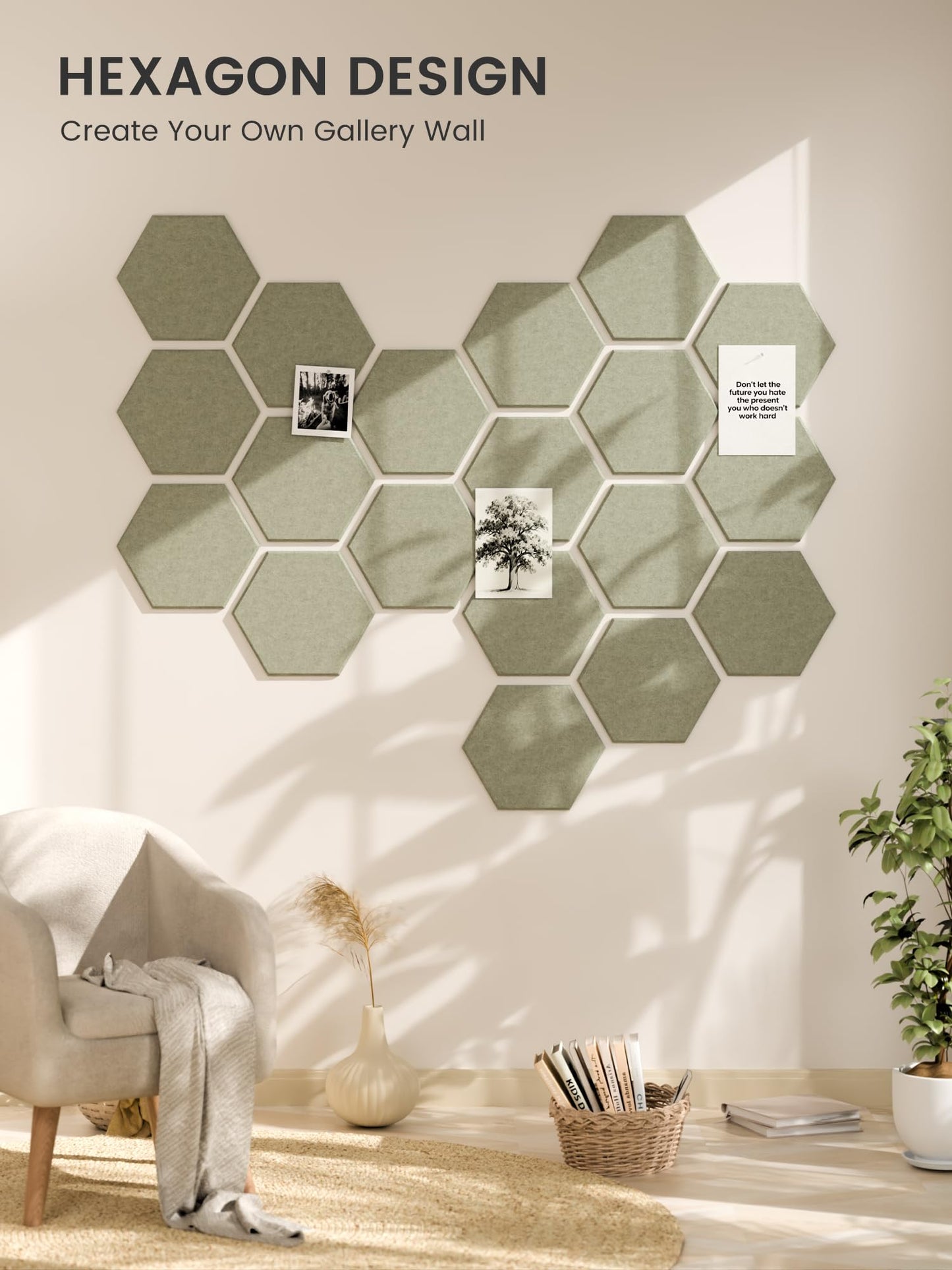 Fluxynara Hexagon Cork Board Alternative for Walls Decor-12-Pack Felt Bulletin Board Tiles,with 30 Pushpins,70 Adhesive Tabs for Office,Classrooms & Home Pin Board Felt Board-Sage