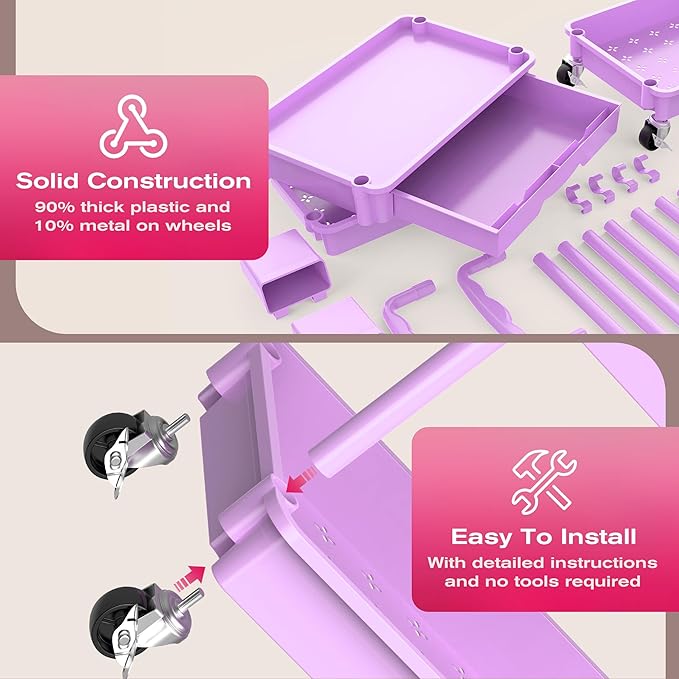 Goovilla Rolling Makeup Organizer Cart with Removable Drawer, 4 Tier Stable Purple Floor Skincare Storage Cart for Vanity, Cosmetic Display, Nail Polish, Perfume, Hair Stuff, Beauty, Bathroom(Plastic)