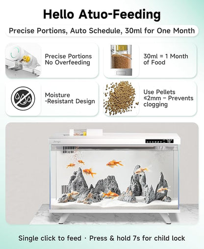 M1 5 Gallon Aquarium Starter Kit, App Control Smart Fish Tank with Filter, Auto Feeder, Quiet Pump, Timer Light, Temp Display, Crystal-Clear Glass Desktop Betta Tank for Guppy Shrimp, White