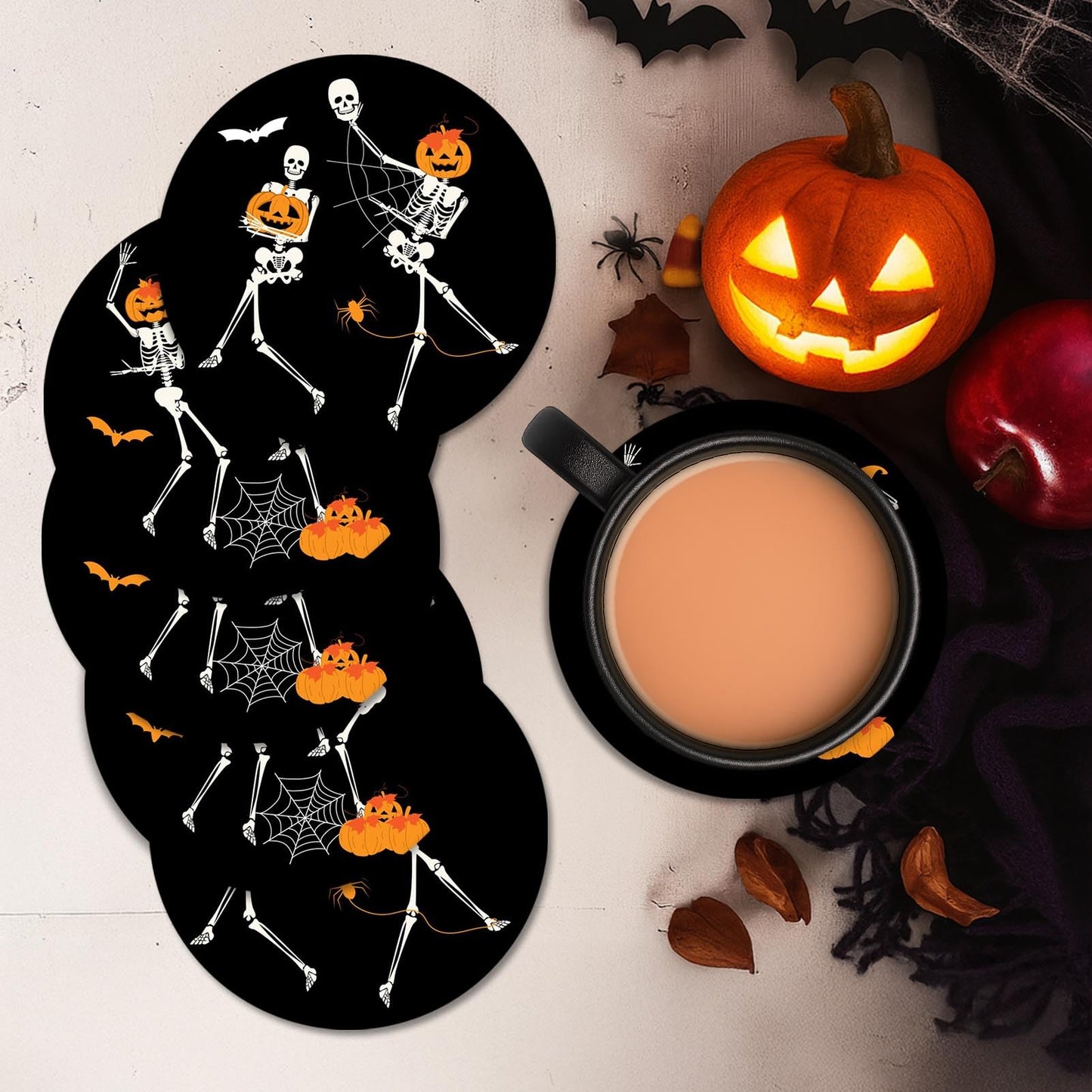 Bribay Coaster for Drinks Set of 6, Funny Happy Halloween Skeleton Pumpkin Bat Absorbent Round Ceramic Stone Mat, with Cork Base and Metal Holder, Gift for Housewarming Room Bar Decor