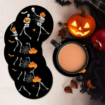 Bribay Coaster for Drinks Set of 6, Funny Happy Halloween Skeleton Pumpkin Bat Absorbent Round Ceramic Stone Mat, with Cork Base and Metal Holder, Gift for Housewarming Room Bar Decor