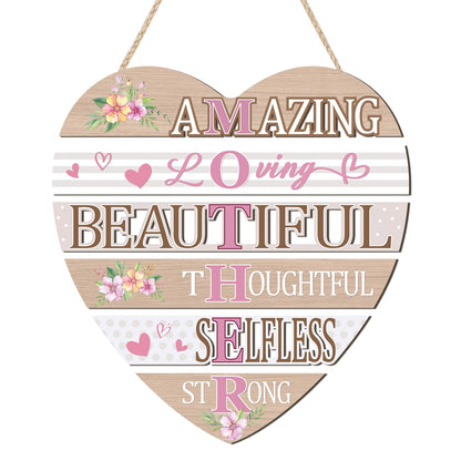 HOURIA Inspirational Mothers Day Decorations (12.2”x11), Heart-Shaped Amazing Mother's Day Wooden Sign for Front Door Wreath Home, Mom Birthday Gifts from Daughter Son
