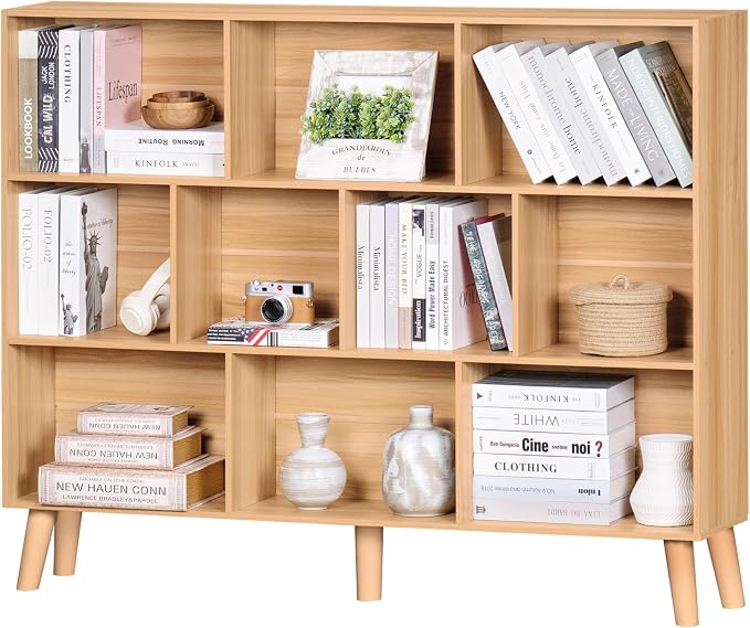 LEYAOYAO 10 Cube Bookshelf,3 Tier 55.12" Wide Boho Bookcase with Legs,Mid-Century Wood Bookshelves Storage,Natural Large Book Case,Freestanding Organizer Display Shelf for Bedroom,Living Room,Office
