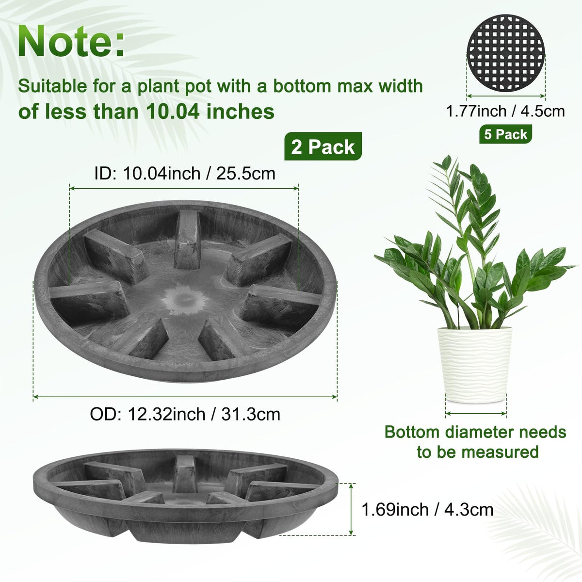 M METERXITY 2-Pack Plant Saucer, 10.04 Inch/25.5 cm Plastic Plant Trays Thicker for Pots/Indoor/Outdoor/Water Drainage and Protection, Flowerpot Drip Tray [Black Clay]