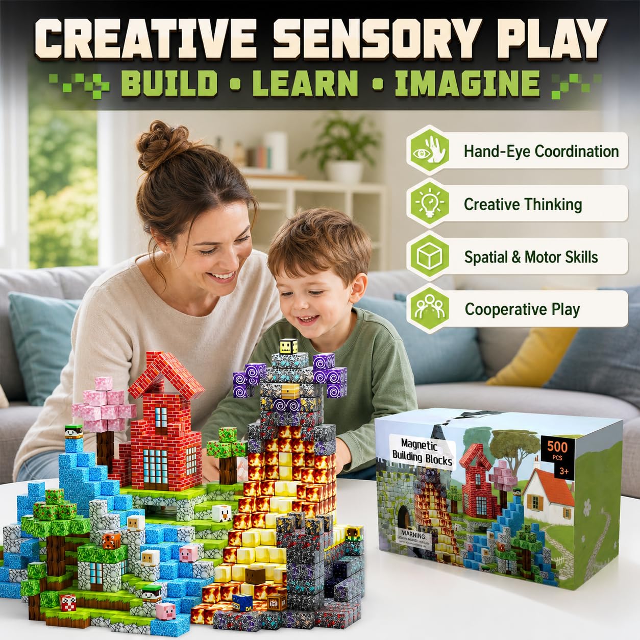 500 PCS Magnetic Blocks - Magnetic Building Blocks Cubes, STEM Montessori Toy Set, Stacking Magnets for Kids - Magnet Cubes for Boys & Girls 3+ Educational Stacking Toy Birthday Gift for Children