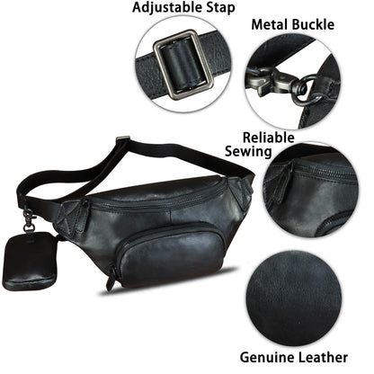 Genuine Leather Waist Bag Hip Bag Fanny Packs for Women and Men Real Leather Fanny Bag Sling Bag Crossbody Bags Chest Purses (Black)