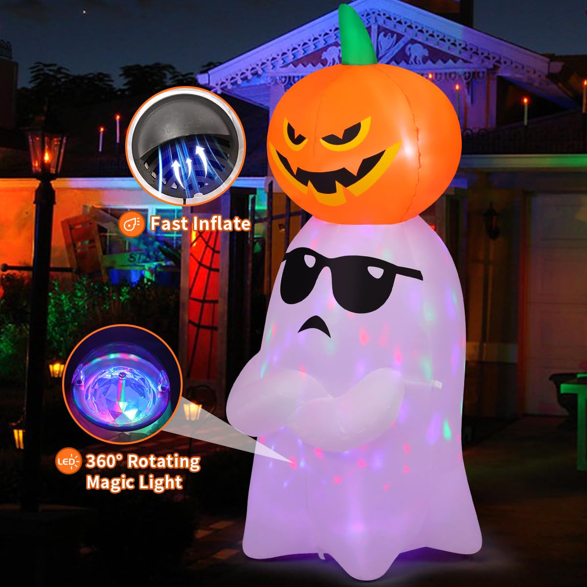 GOOSH 6.2 FT Halloween Inflatables Ghost with Pumpkin Outdoor Decorations Blow Up Yard with Built-in LEDs for Garden Lawn Indoor Party Decor