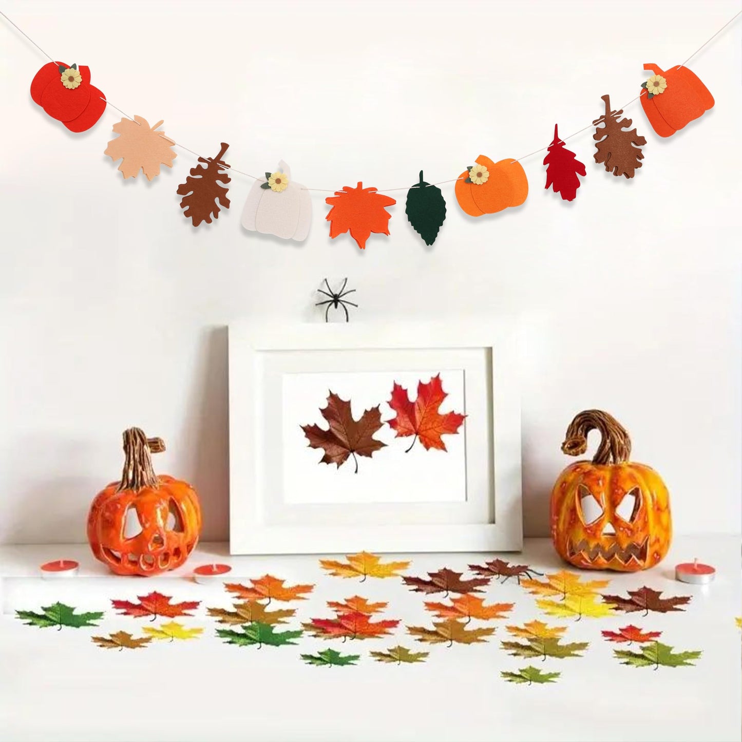 Felt Pumpkin and Leaves Garland – Fall Harvest Banner for Fireplace Mantel, Thanksgiving Party Decorations, Halloween and Autumn Home Decor