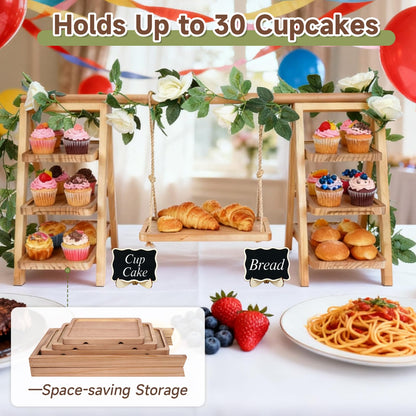Erlsig Wooden 3 Tier Cupcake Stand with Swing, Rustic Pine Wood Dessert Display Stand with Removable Trays, Foldable A-Frame Ladder Rack for Cake Fruit Snack, Perfect for Wedding Party Birthday