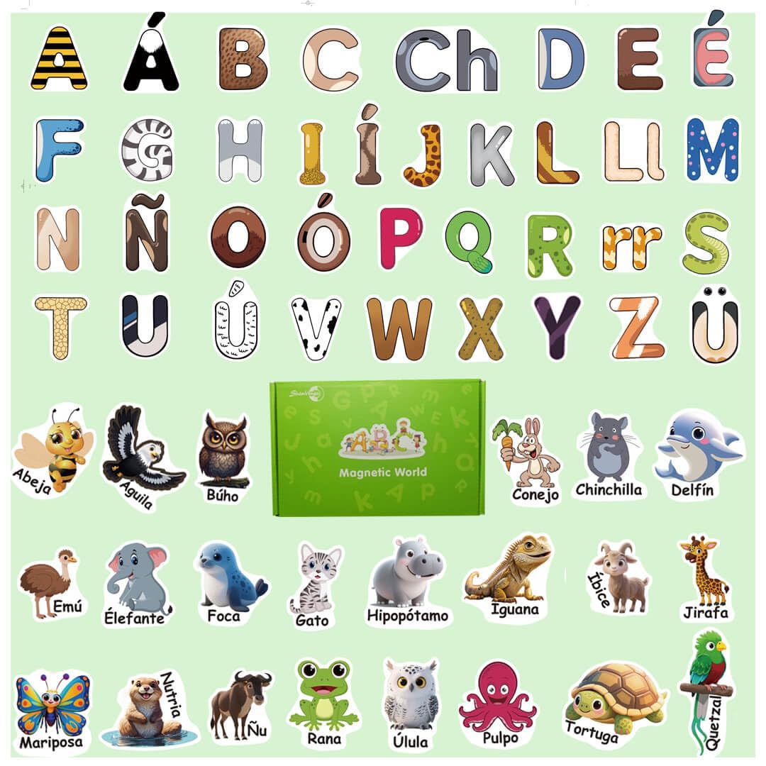 Spanish Magnetic Letters and Animals, Fridge Magnets for Toddlers, Animales y Abecedario para Niños en Español,
