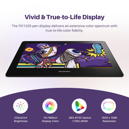 GAOMON PD1320 Pen Display Drawing Tablet, 13.3 Inch Full Laminated 120% sRGB Graphics Monitor with Tilt Support for Artists, Design, Animation - Compatible with Windows/Mac/Android