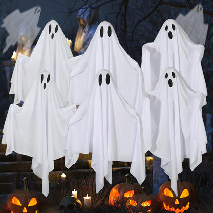 6 Pack Halloween Hanging Ghost Decorations 27.6" Halloween Outdoor Hanging Ghosts White Flying Fabric Ghosts Decorations for Outdoor Front Yard Patio Lawn Garden Trees Party Decor