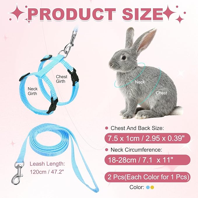 Rabbit Harness and Leash, Escape Proof Bunny Cat Leash Small Animal Harness Soft Adjustable Buckle(2Pcs, Yellow/Sky Blue) for Bunny Kitten Cats Puppies Walking Hiking Training