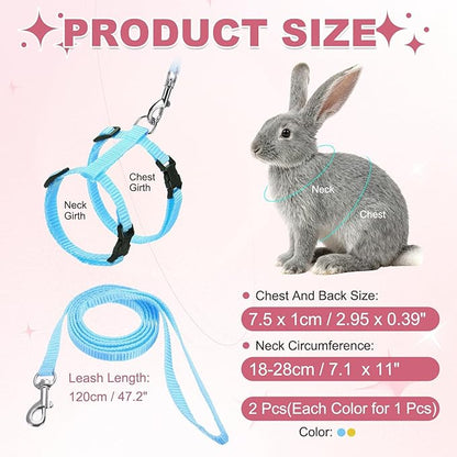 Rabbit Harness and Leash, Escape Proof Bunny Cat Leash Small Animal Harness Soft Adjustable Buckle(2Pcs, Yellow/Sky Blue) for Bunny Kitten Cats Puppies Walking Hiking Training
