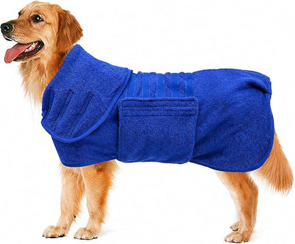Geyecete Dog Drying Coat - Dog Bathrobe Towel - Microfibre Fast Drying Super Absorbent Pet Cat Bath Robe Towel, Luxuriously Soft - Blue - XXXL