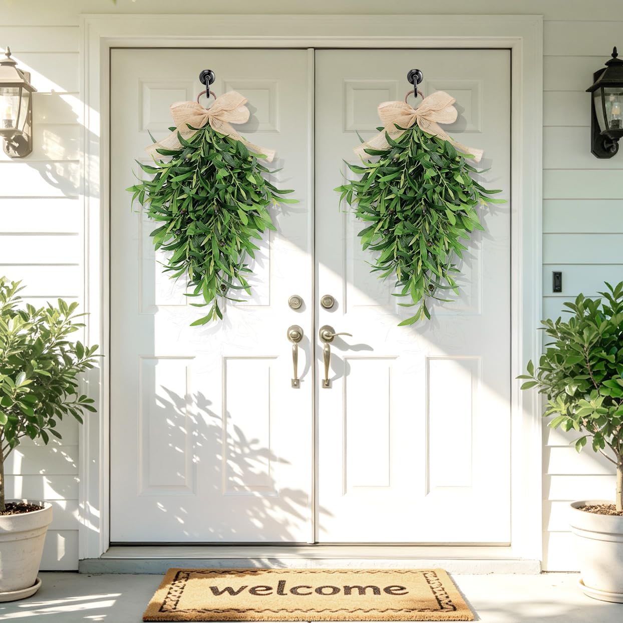 Artificial Olive Teardrop Swag Wreath for Front Door - 22 Inch Faux Greenery Wall Decor with Burlap Bow - Farmhouse Olive Branch Swag for Indoor Kitchen Entryway Wedding Arch