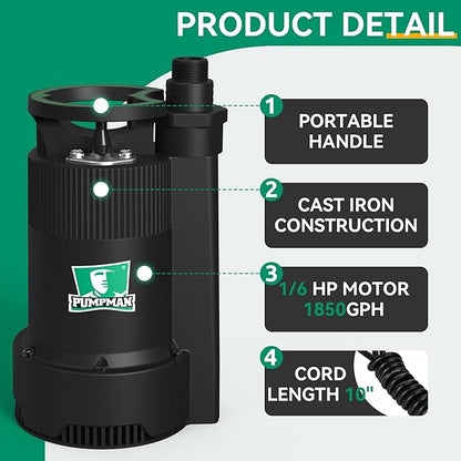 PUMPMAN 1/6HP Utility Pump, 1850 GPH Submersible Water Pump with Handle, Thermoplastic Portable Well Pump IPX8 Waterproof for Pools, Basements, Car Washing, Garden