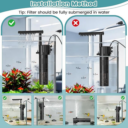 hygger Internal Aquarium Filter, 5-in-1 Submersible Fish Tank Filter, Adjustable Wave Maker & Air Bubbler, Quiet Turtle Tank Filter for 5-15 Gallon Freshwater Saltwater, 80GPH, 5W