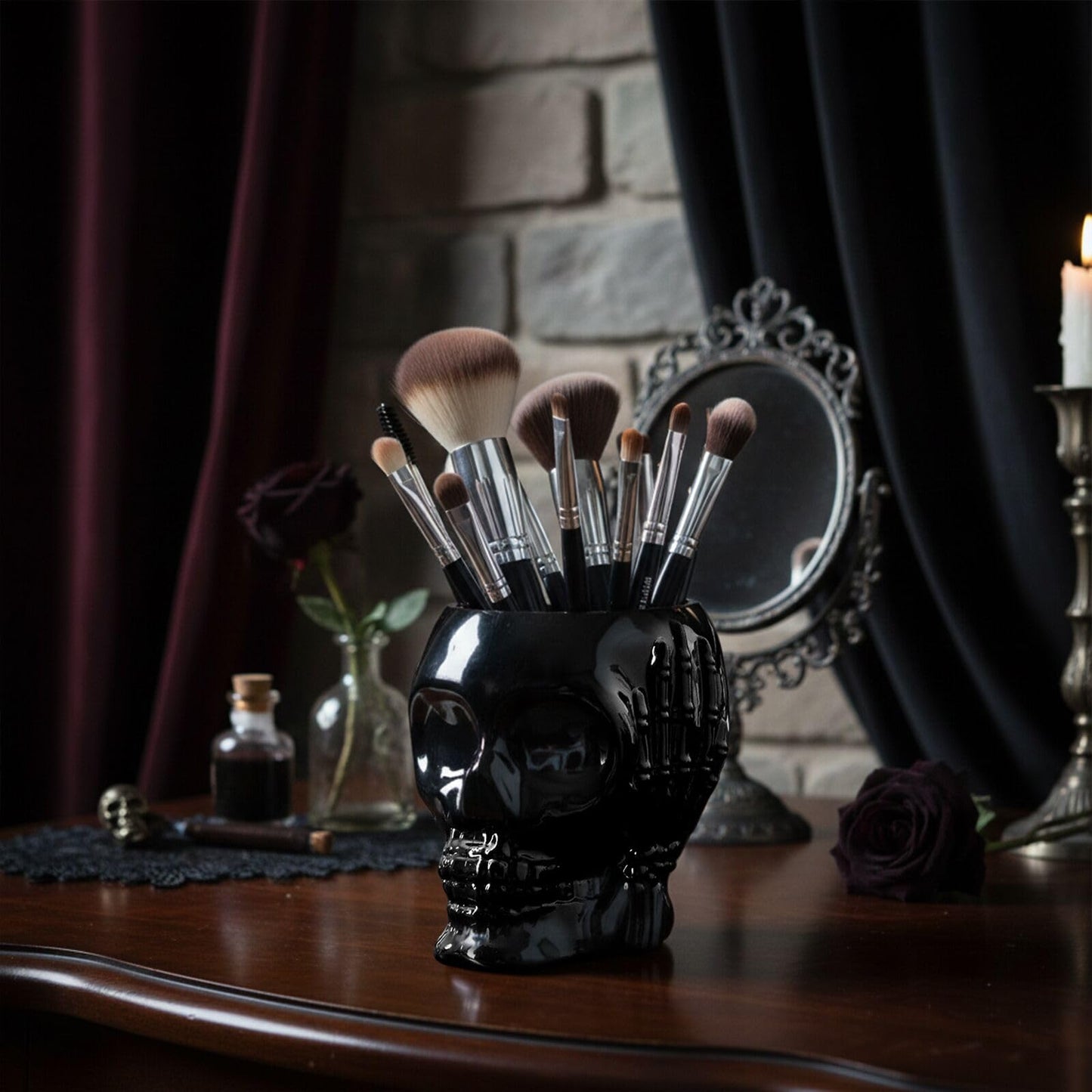 Set of 2 Gothic Home Decor, See No Evil Speak No Evil Skeleton Makeup Brush Holder, Black Skull Pen Holder & Succulent Planter - Cool Desk Accessories for Men & Women, Spooky Halloween Room Decor Gift
