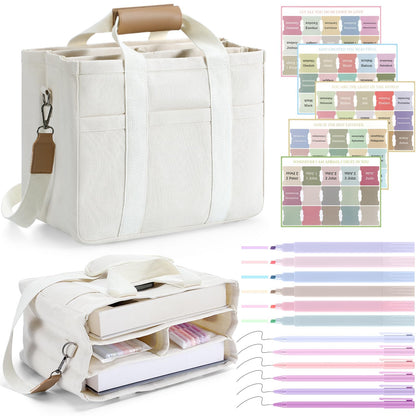 Fullhawl Bible Tote Bag Kit Scripture Study Supplies Study Bag Pen Label Index Sticker for Christian Mothers Day Gift(White)