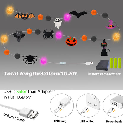 Halloween Decorations Battery USB 10.8Ft Halloween Strip Lights Banner Garland Décor with Felt Bats Ghost Witch Hat Pumpkins Spider Fuzzball Décor for Party Indoor Home Room Wall Fireplace WindowDoor