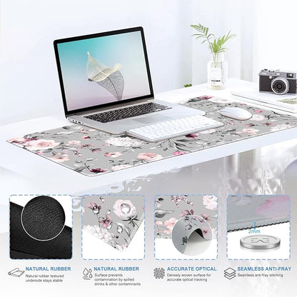 iCasso Large Mouse Pad Wrist Support Set, 4in1 XXL Big Mousepad + Keyboard Wrist Rest + Mouse Wrist Rest + Coaster Set with Ergonomic Design Gaming Mat for Home Office Table Computer - Pink Floral