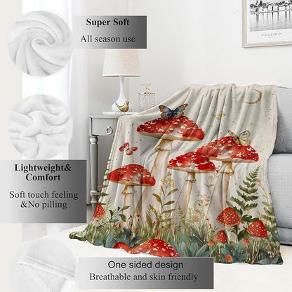 Red Mushroom Blanket Enchanting Forest Throw Blankets with Butterfly,Birthday Gifts for Girls Women & Nature Lovers,Lightweight Soft Fleece,for Sofa Couch Bed Room Fairy Tale Decor 50x60in