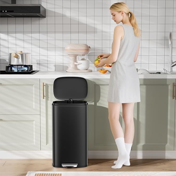 Arlopu 8 Gallon Step Trash Can, Stainless Steel Garbage Bin, Soft-Close Rubbish Bin with Removable Plastic Inner Bucket, Fingerprint-Proof, Lid Dustbin, Suit for Kitchen Home (Black, 30L)