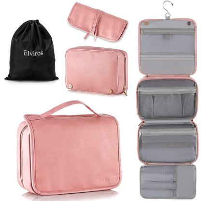 Elviros Hanging Travel Toiletry Bag for Women, 3-in-1 Large Makeup Bag and Cosmetic Organizer, Vegan Leather Waterproof Skincare Case for Travel Size Toiletries and Accessories, Gift for Women