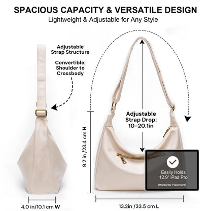 YDF Purses for Women Slouchy Shoulder Bag Hobo Bag Soft Vegan Leather Adjustable Wide Strap Crossbody Tote Multi Pocket Handbags (Beige)