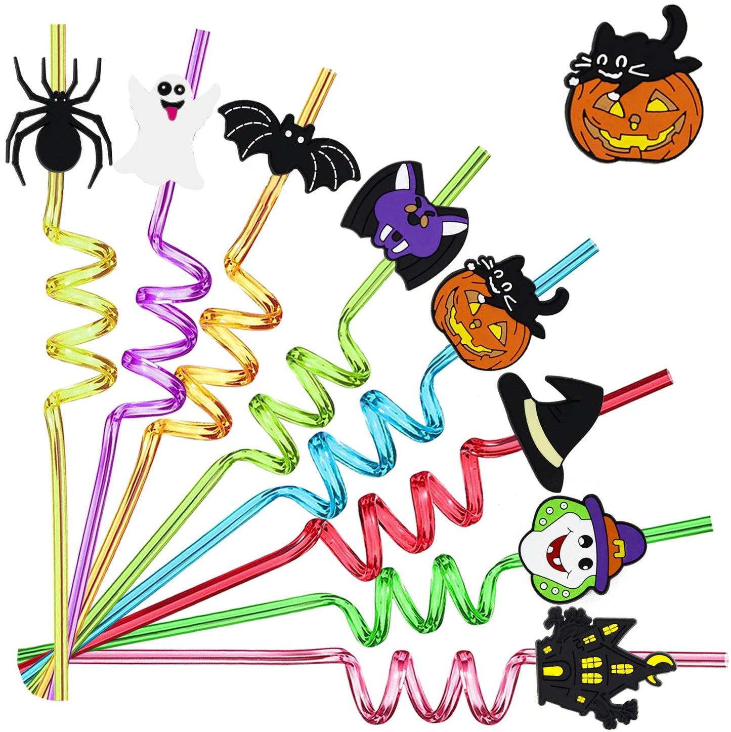 MEAXUR 24pcs Halloween Party Favors Bat Pumpkin Ghost Cat Witch Spider Ghost Pattern Reusable Straws Party Gift Halloween Party Supplies with 2 Cleaning Brushes 8 Color.