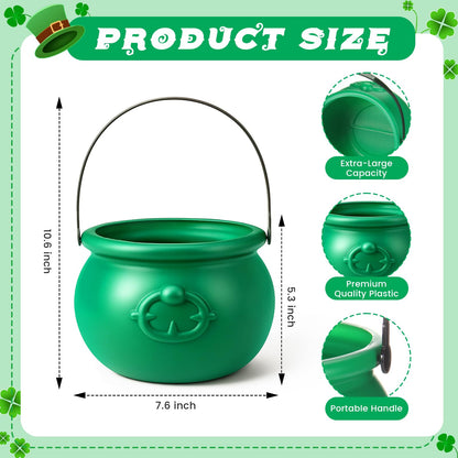 Soulchen 7.6" St Patricks Day Cauldron Plastic Pot of Gold Bucket Cauldron Kettle Leprechaun Irish Party Decoration Favors Supplies for Coins Candy(Green)