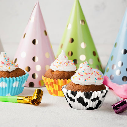 JarThenaAMCS 600Pcs Toy Inspire Game Cupcake Liner Cartoon Story Paper Cupcake Wrapper Cow Print Blue Cloud Checkered Disposable Muffin Cup for Baking Party Supplies, 2 x 1.2 in