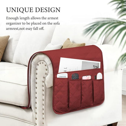 Armchair Caddy for Recliner, Couch Caddy Storage Organizer with 5 Pockets, Non Slip Sofa Arm Organizer for Remote Controls, Phone, Magazines, Tablet (Red)