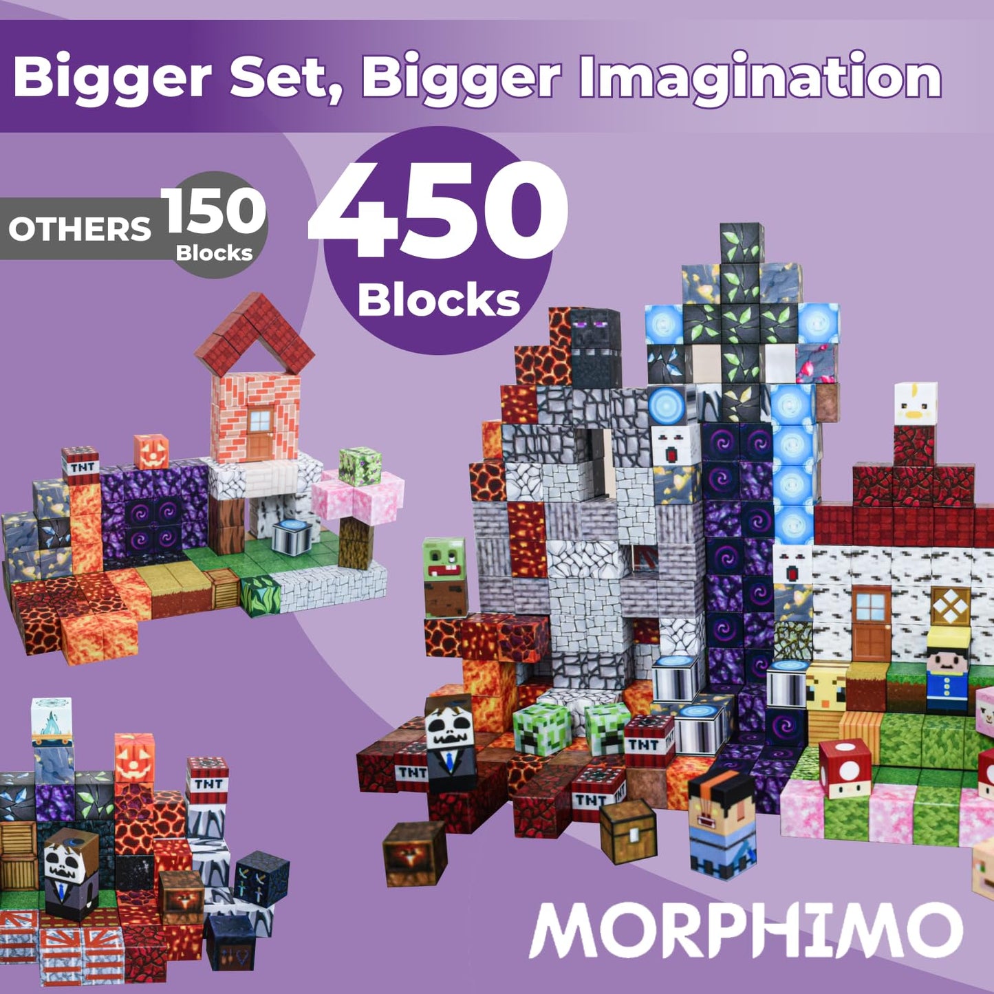 MORPHIMO 450 PCS Magnetic Building Blocks Set - Big STEM & Sensory Toy for Kids - Stacking Magnets - Instruction Book & Fabric Storage Bag - Shared Play Toy for Siblings & Friends