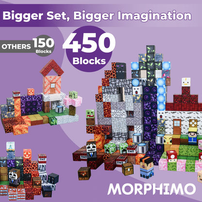 MORPHIMO 450 PCS Magnetic Building Blocks Set - Big STEM & Sensory Toy for Kids - Stacking Magnets - Instruction Book & Fabric Storage Bag - Shared Play Toy for Siblings & Friends